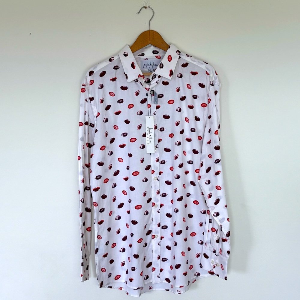 NWT Nicole Miller - Murray Roffe Button Down Shirt Football Print Sz XL‎